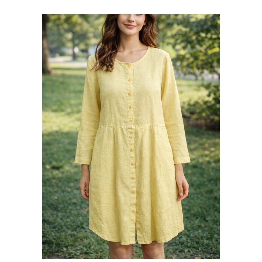 Flax Linen Tunic Dress Butter Yellow Button Front